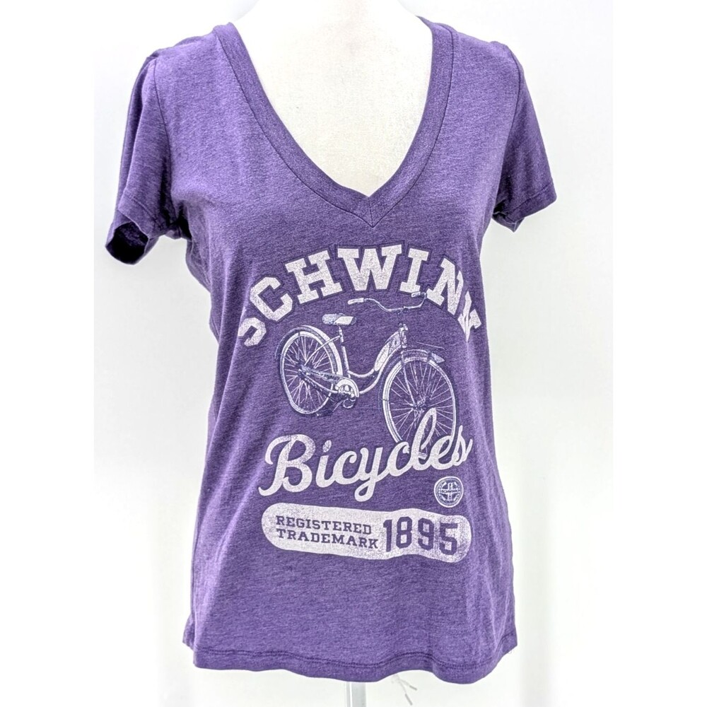 Schwinn Bicycles Logo Purple Deep V-Neck Short Sleeve Retro T-Shirt Size Medium